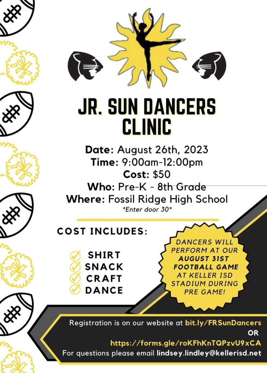 Calling all Jr. Sun Dancers! We have a few spots left for our clinic on Saturday!

Please fill out the form below, we would love to have your kiddos dance with us!💛🖤

docs.google.com/forms/d/e/1FAI…