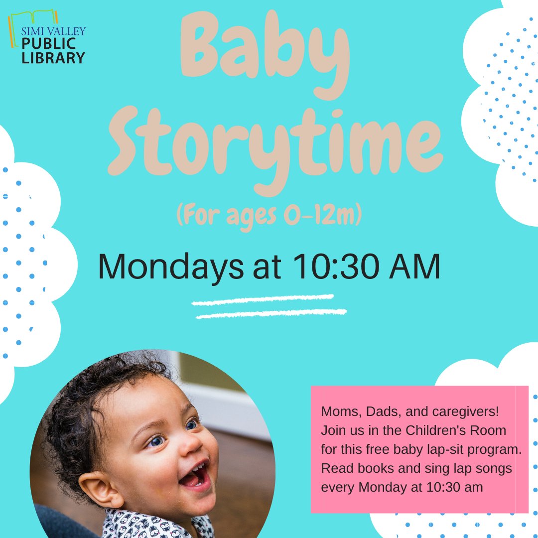 SimiLibrary's tweet photo. Children's programs return this Monday with Baby Storytime! Join us in the children's room for this free baby lapsit program. Read books and sing lap songs every Monday at 10:30 am. This program is designed for children ages 0-12 months, but everyone is welcome.
#simi #svpl https://t.co/DJbOKLTxcE