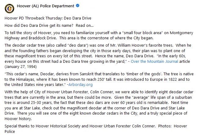 HooverPD's tweet photo. Hoover PD #ThrowbackThursday
Since we have so many new followers from all over the country, how about a little history on an unusual name for one of the City's main streets.
Find out how Deo Dara Drive got its name...🌲🌲
#hooverpd #hooverhistory #HooverTBT #communityengagem https://t.co/57fGarxMio