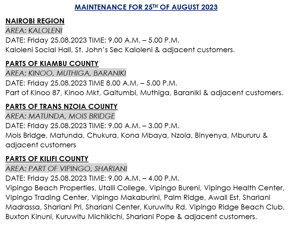 KenyaPower_Care's tweet photo. Good evening. Please receive scheduled interruptions for tomorrow 25-08-2023.^JO https://t.co/EJsOitpqCG