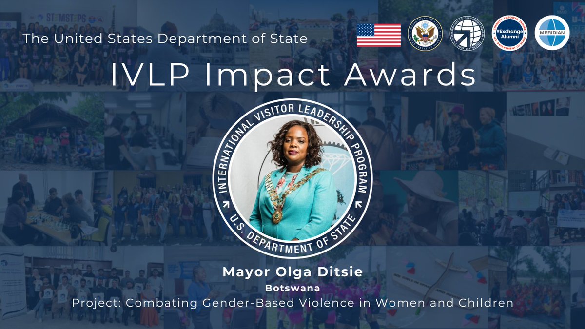 Meet Mayor Olga Ditsie, #IVLP alumna and the Mayor of Jwaneng Town in Botswana 🇧🇼 ! Through the IVLP Impact Awards, Mayor Ditsie will promote greater awareness of gender-based violence (GBV) in her community. 📢  

Learn more about her impact project: ow.ly/ni8P50PE4MH