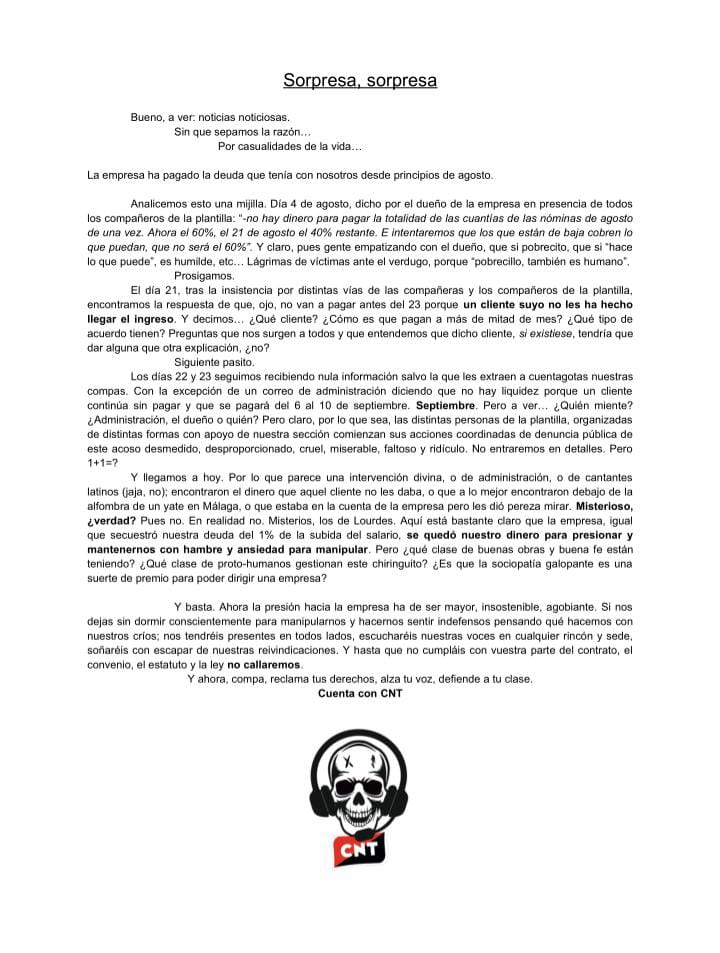 PERO BUENO!
✊✊✊✊✊✊✊

La empresa ha pagado! Pero eh, un momento. Son acaso buenas noticias? Pues mira, lee con atención nuestro comunicado. Fíjate en los detalles y dinos si es buen trabajo el de las y los compas.

¡¡¡A seguir apretando!!!