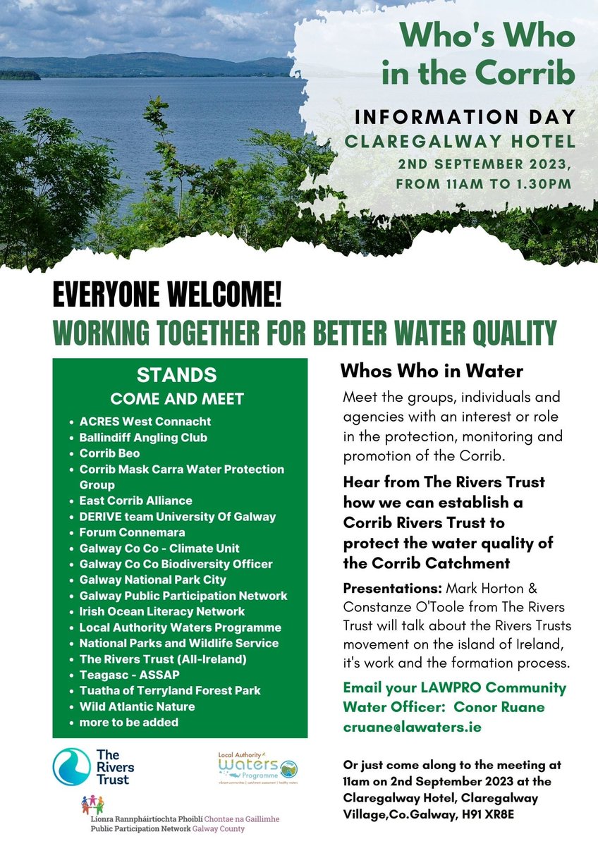 Very much looking forward to the Who's Who in the Corrib 2nd of Sept. Check out some of the agencies, NGOs and groups participating below. Also in attendance will be @galwayruraldev
@InlandFisherIE & more!

Supported by @WatersProgramme @RTallireland & Galway PPN.