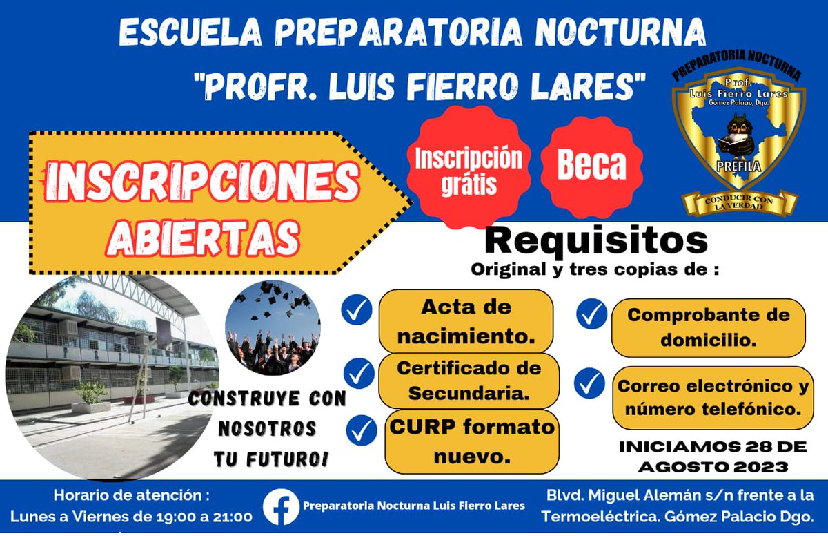 IvanArben's tweet photo. PROMOCIÓN RELÁMPAGO:
Si muestras este anuncio en las oficinas de la escuela la *inscripción es totalmente GRATIS durante los 6 semestres!!!*
Blvd. Miguel Alemân s/n frente a termoeléctrica. Gómez Palacio, Dgo.
Tel. 8717880263
        8711444635
*Se aplican restricciones https://t.co/ceDXlrqZBs
