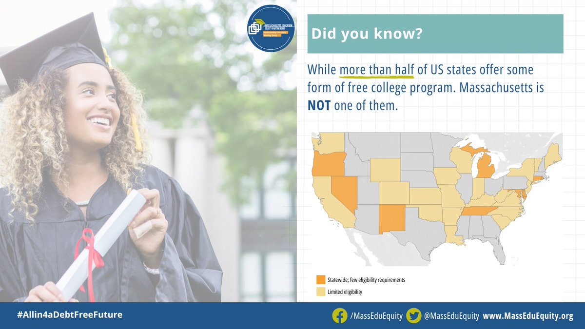 MassEduEquity's tweet image. One of the key ways to support #MA students in preparing for #HigherEd is ensuring they’re #Allin4aDebtFreeFuture! Learn more about how YOU can support policy changes to make college more affordable. @MassEduEquity’s resources can help you advocate: bit.ly/MEEPHigherEd