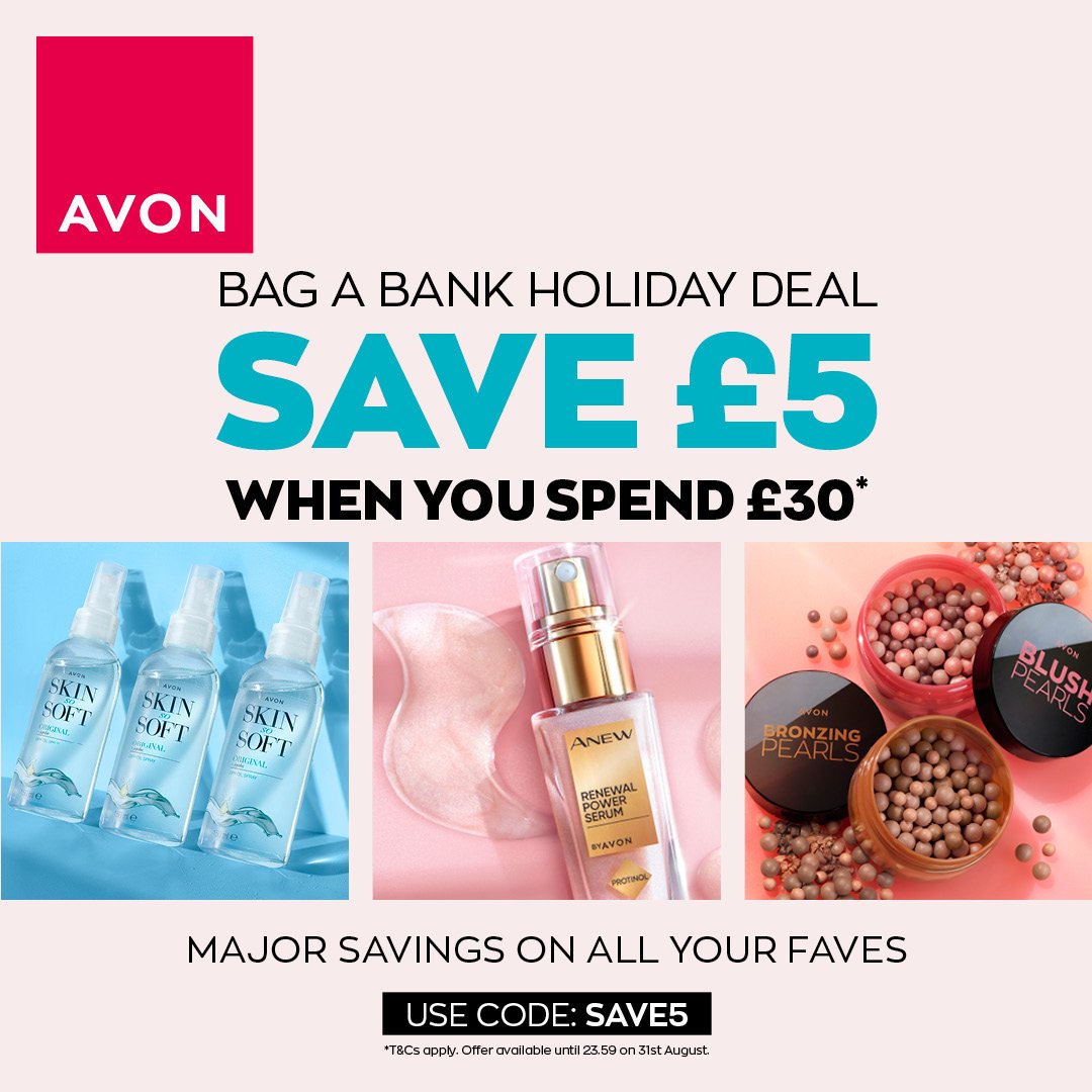 ClareAlcock2's tweet photo. SPEND & SAVE this Bank Holiday weekend π€©
Save Β£5 when you spend Β£30 and get free delivery too π
With so many fab options, what will you pick?
(Ends Aug 31st)
(Add code SAVE5 at checkout)
https://t.co/6akpAOVBwX
#Avon #BankHoliday #BankHolidaySavings #SpendandSave https://t.co/mYiRLHpTNe