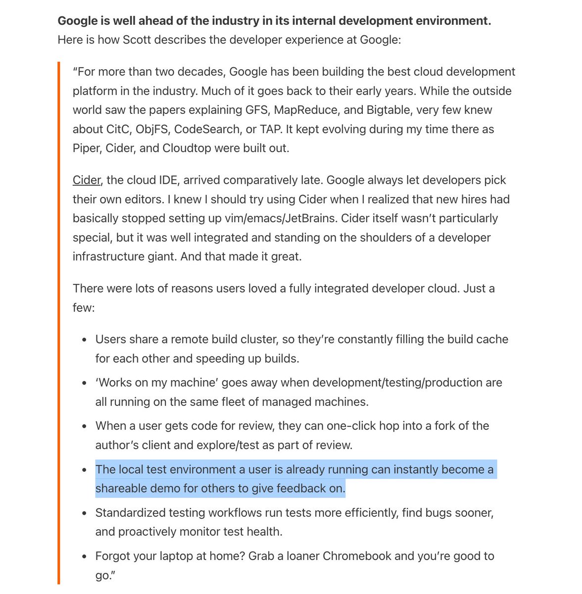 How is the developer experience at Google, compared to the rest of the industry?

<a href="/stkenned/">Scott Kennedy ⠕</a> worked at Google for 11 years - before moving to Replit - and wrote a post sharing stuff that Google probably had for a decade. Stuff like this:

But what about outside Google? (cont'd)