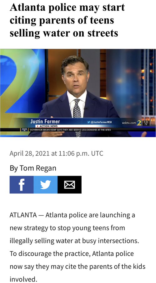 PJenkins1931's tweet photo. "Atlanta police may start citing parents of  teens selling water on the street"

The teens are Black https://t.co/BYGsHronE9