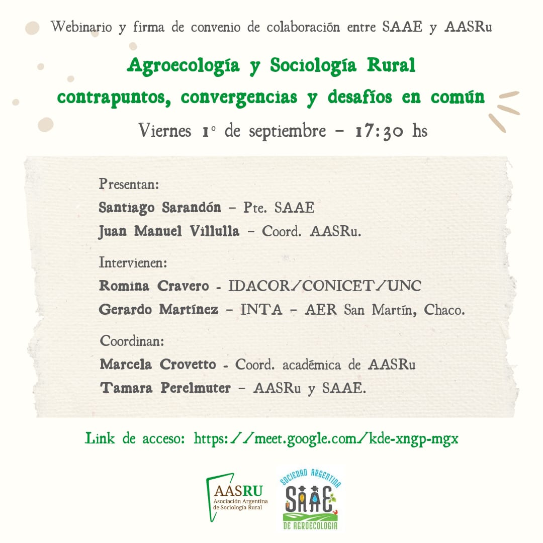 aasru_arg's tweet photo. Webinario y firma de convenio de colaboración entre SAAE y AASRu
“Agroecología y Sociología Rural: contrapuntos, convergencias y desafíos en común”

Viernes 1° de septiembre – 17:30 hs

Link de acceso: 
https://t.co/OgAUaQ0YwQ https://t.co/Pg2BNtmYNb