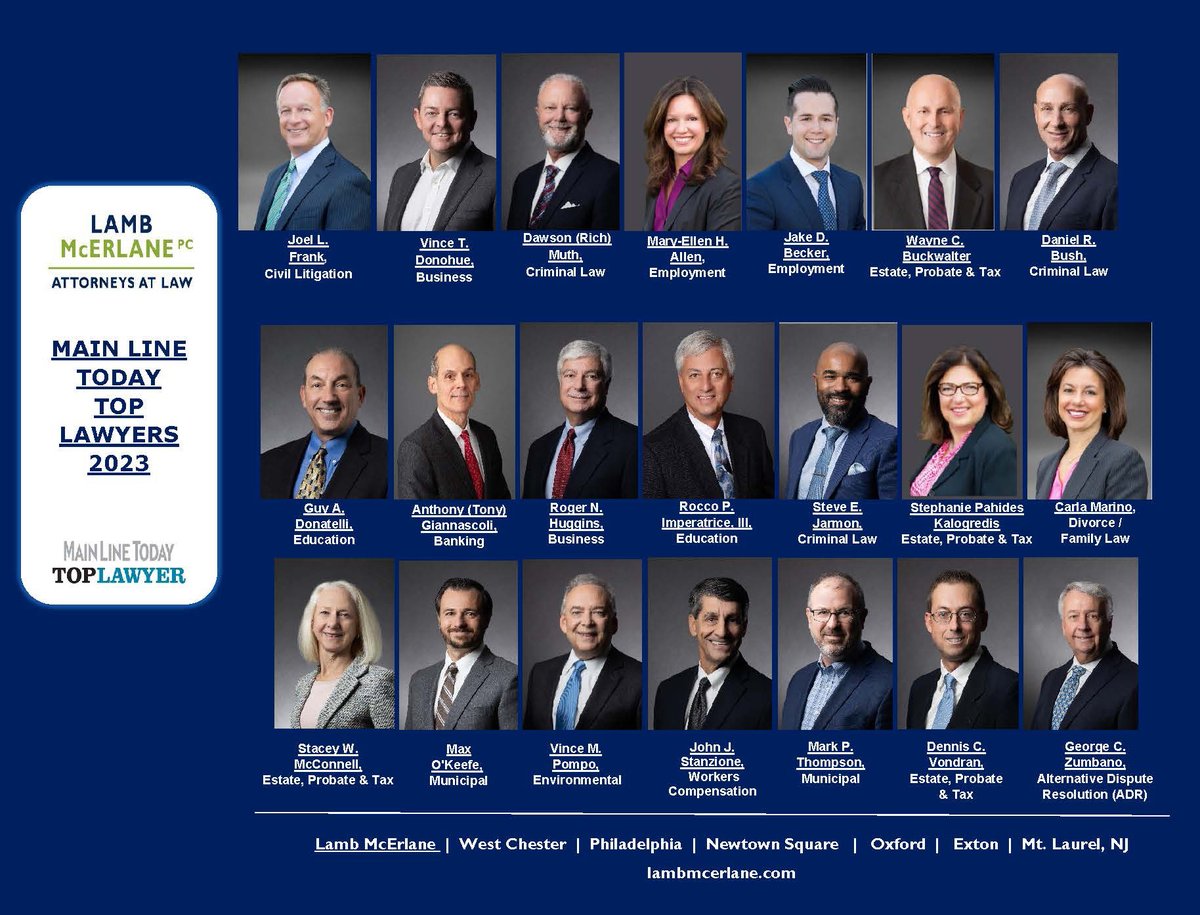 lambmcerlane's tweet photo. Continuing the firm’s annual high rankings on the annual “Top Lawyers” list published by @MainLineToday, twenty-one Lamb McErlane PC attorneys have been recognized in 2023.
https://t.co/fWfc3QQ0nK
#toplawyer #toplawyerpa #mainlinetoplawyer #topattorney https://t.co/zF8JSjcNli