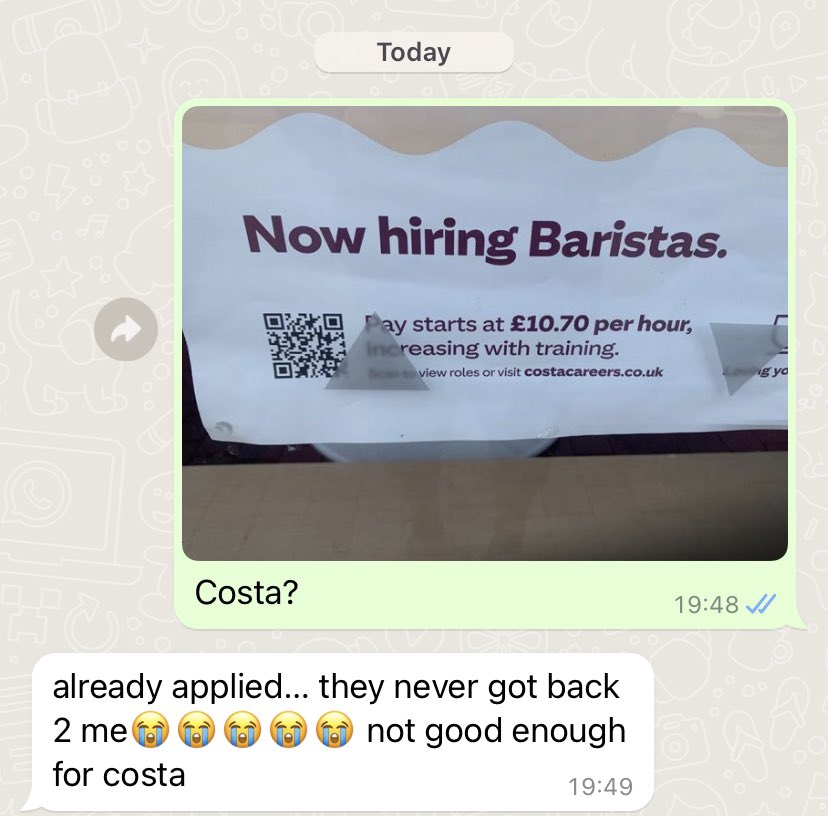 NAFOMarine's tweet photo. .@CostaCoffee my neurodivergent daughter applied for her first job with you through your careers website and you haven’t even got back to her? https://t.co/K4lxmFVG2l