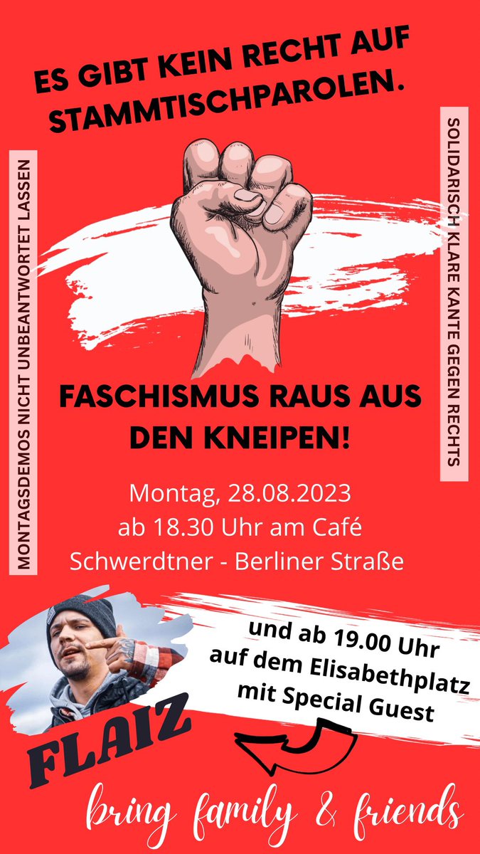 So, Montag gehts nach Görlitz: #Montagsdemos nicht unbeantwortet lassen. Special Guest: #flaiz 

#GörlitzBleibtBunt #Demokratie #keinmmnachrechts #Aufstehen #klareKante