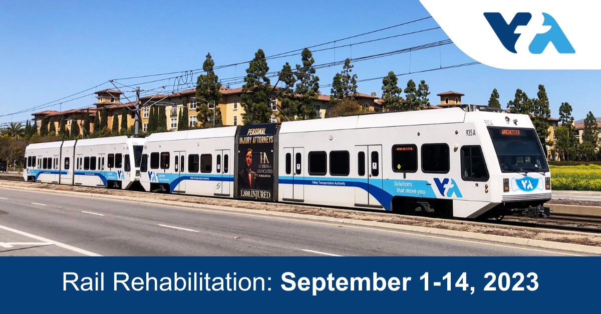 VTA's tweet image. Heads up! 🚉🚧 Rail work on segments of the #lightrail system starts on select dates from September through November with the first outage starting September 1.

Stay updated with relevant #busbridge information and station closures. bit.ly/3OUhJJs