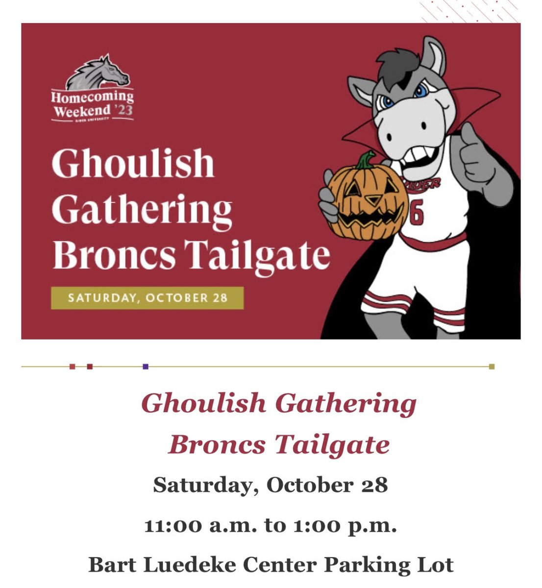 RiderUAlumni's tweet photo. Join us during Homecoming weekend at the Ghoulish Gathering Broncs Tailgate (Saturday October 28th, starting at 11am!!) located in the BLC parking lot. Food truck tickets are on sale now!! We can’t wait to see you there!! :) https://t.co/cHAlH3Awop