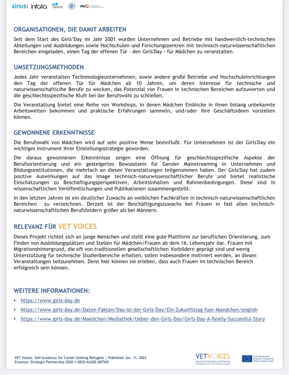 📣📣VET Project Presentation - Girls Day👩🏻

📌Girls'Day – 'Future Prospects for Girls' initiated a large campaign in which a wide range of professions and activities is presented
to girls of 10 years upwards‼️

Click here to learn more👇👇👇
vetvoices.eu/wp-content/upl…

#VETVOICES