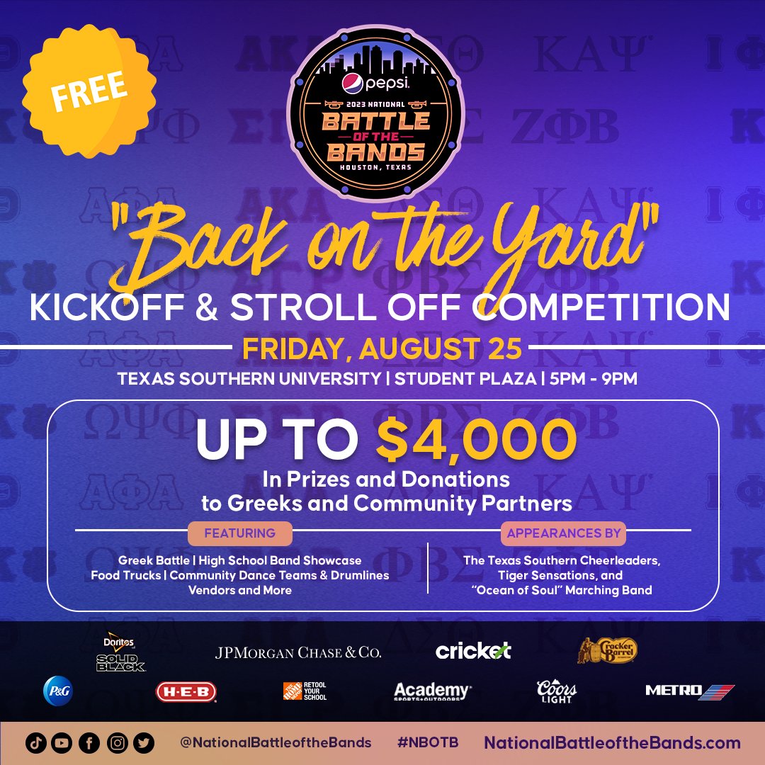 NationalBOTB's tweet photo. πΆ Celebrate the vibe, the talent, the culture at the Back on the Yard KICKOFF & Stroll Off Competition! Special appearances, dance teams, drumlines β a night to remember, and it's FREE! Aug 25, Texas Southern University. #BackOnTheYard #NBOTB #ExperiencetheCulture #StrollOff https://t.co/zJ09GXiuOK