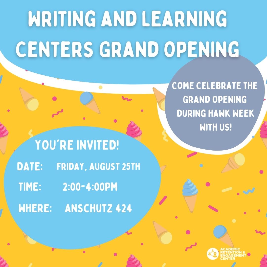 KU_UASC's tweet image. Join us tomorrow for our Hawk Week event to celebrate the grand opening of  the KU Writing and Academic Centers! Free ice cream is provided! #hawkweek #jayhawks 😆🍧
