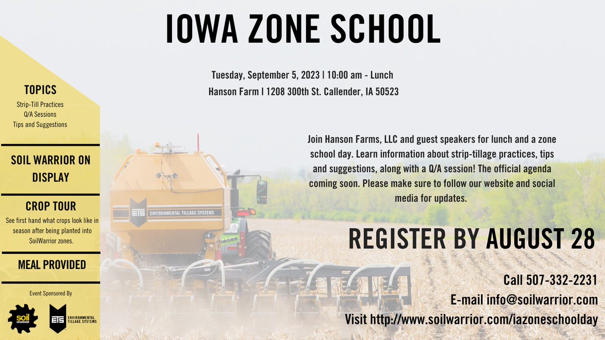 soilwarrior's tweet photo. ⚠️ Attention Iowa!! ⚠️
A Zone School Day will be held near Callendar, IA, on September 5th. Get more info and register by using the link below.
https://t.co/Fb6tY0mMtR
#SoilWarrior #StripTill #SoilHealth https://t.co/rpuvRcNjOL