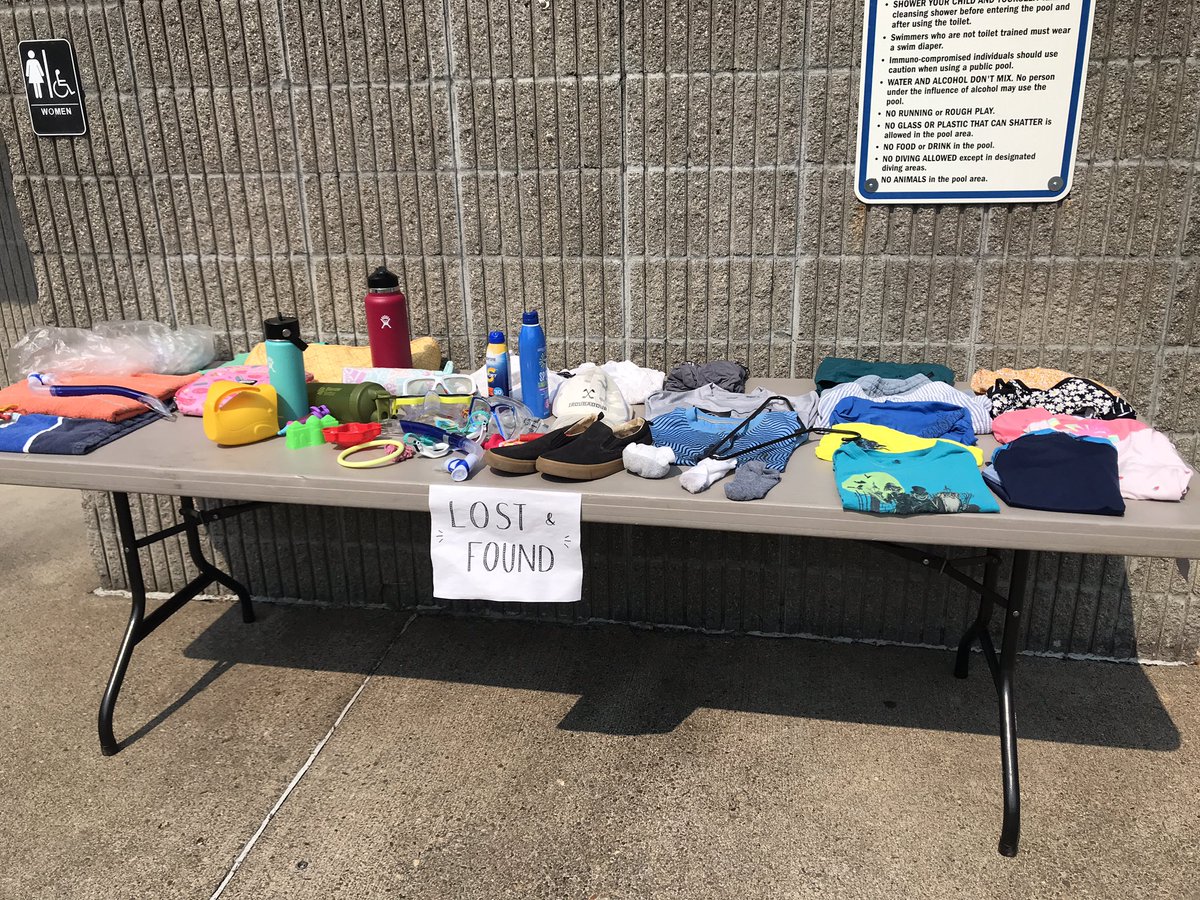 EugeneCCPool's tweet photo. It’s that time of year at the pool for the lost and found table.  If you recognize any item, come by the pool and reclaim it. https://t.co/dt8SXqZgde