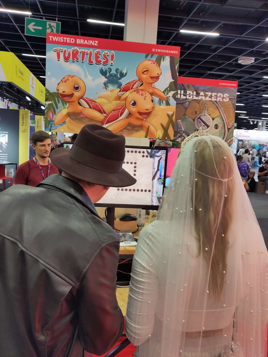 TwistdBrainZ's tweet photo. Bonnie the turtle is feeling home @gamescom, with @DinoshopNerds as #IndianaJones saving those cute baby 🐢 turtles.

Thanks to everyone caring, playing, supporting our #indiegame 🤩

#IndieGameDev #swissgames #prohelvetia #videogames #gamescom2023 https://t.co/lstkKL3bfS
