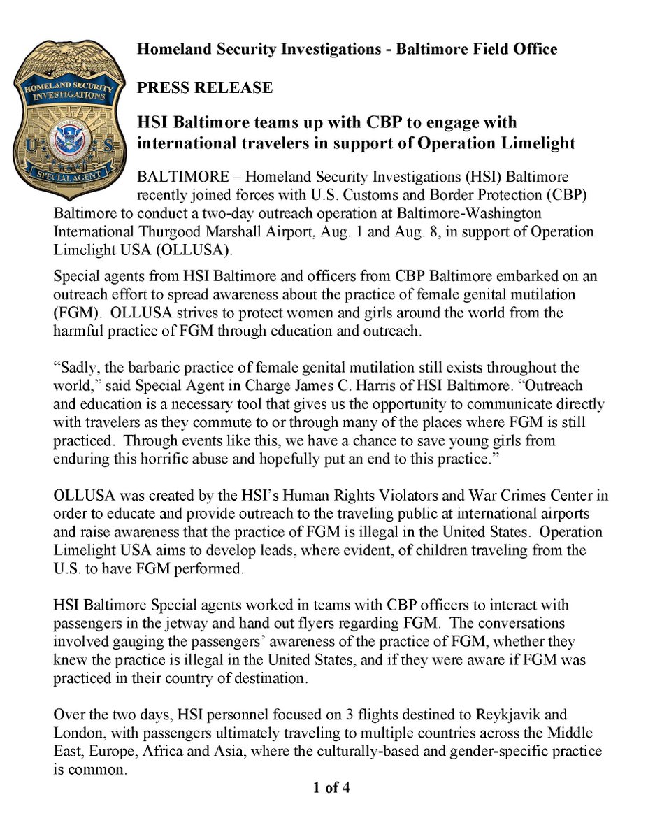 HSIMaryland's tweet photo. @HSIBaltimore and @CBPMidAtlantic conducted a two-day outreach operation at BWI Thurgood Marshall Airport in support of Operation Limelight USA.
#HSI  #OperationLimeLight  #EndFGM https://t.co/fCxwuicWoJ