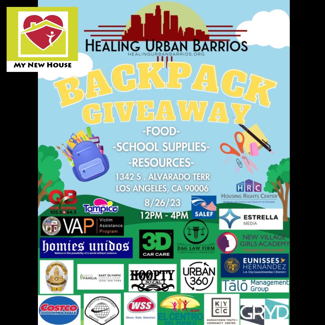 Mynewhouse777's tweet image. Healing Urban Barrios Backpack Giveaway
1342 S Alvarado Terr, Los Angeles, CA 90006
Saturday, August 26th, 2023 
12:00 pm - 4:00 pm

#backpackgiveaway #freebackpacks #schoolsuppliesgiveaway #freeresourcesforstudents #backtoschoolgiveaway