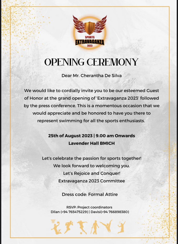 CheranthaS's tweet photo. Thrilled to be invited as the Guest of Honor to "Extravaganza," the biggest inter university sports encounter organized by a prominent private university in Sri Lanka. https://t.co/NETTBpkHhN