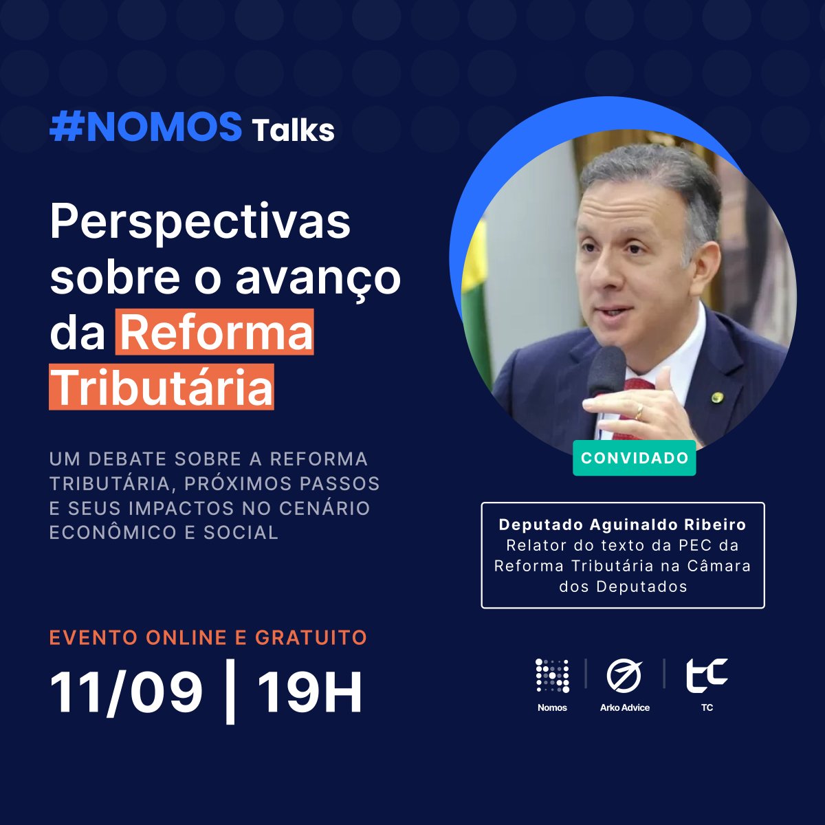 _nomos's tweet image. Com imensa satisfação, anunciamos o Nomos Talks!
Um evento organizado pela Nomos em parceria com a @arkoadvice e @tcinvestimentos com a presença do Deputado Aguinaldo Ribeiro.

O evento terá transmissão online e gratuita. Para participar inscreva-se em: bit.ly/44EGaPn