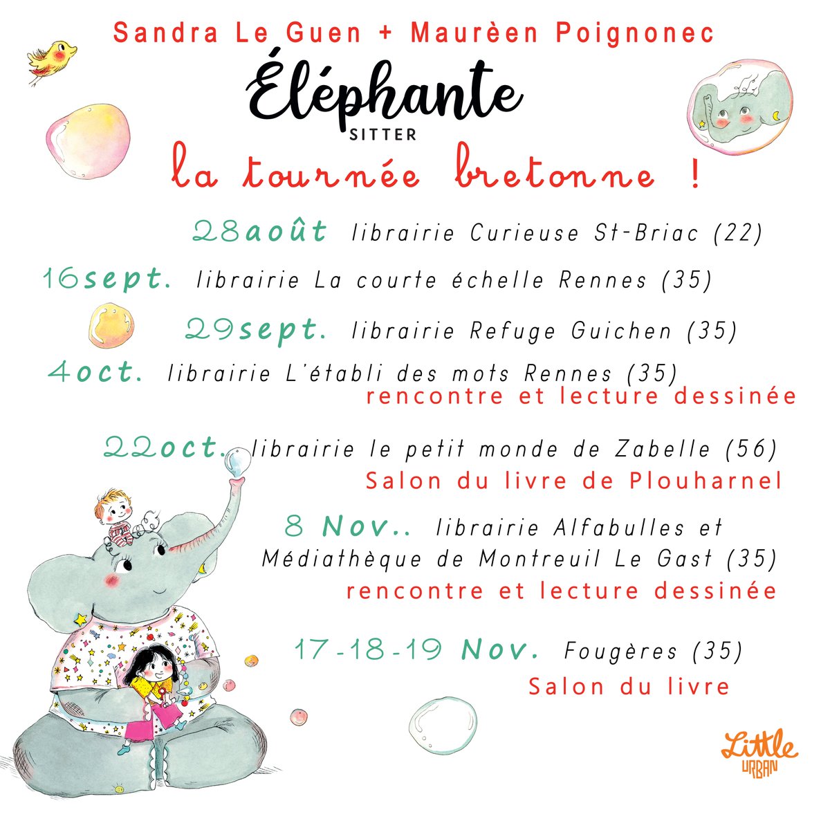 Drawoua's tweet image. Pour fêter la parution d'Eléphante-sitter, les retrouvailles de James, Majé et Juno avec leurs petits lecteurs, voici les dates de notre petite tournée bretonne !
Retrouvez-nous en duo par ici et par là !
@maureen_poigno @LittleUrbanFr #Bretagne #Rennes