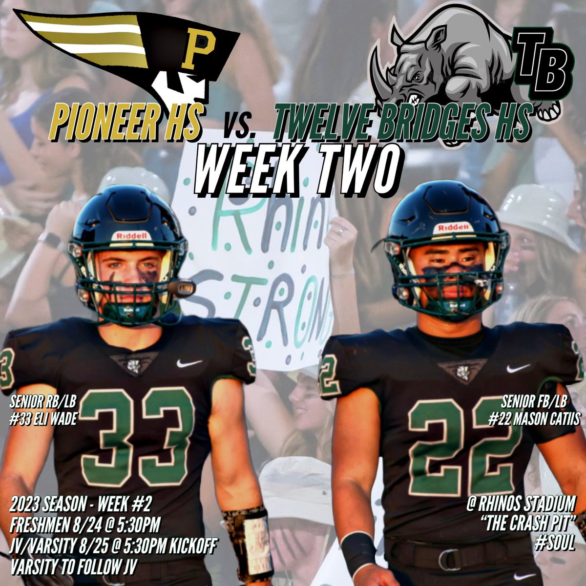 12BFootball's tweet photo. Week 2 is here as the Freshmen football team start it off in #thecrashpit vs. @ColfaxFootball today at 5:30pm. Tomorrow, JV/VARSITY square off vs. Patriots of @PHSFBBoosters! Rhinos look to avenge one of their losses from last season. We are expecting a full, loud house! 📣🦏⚫️🟢 https://t.co/eWMbG2cXGM
