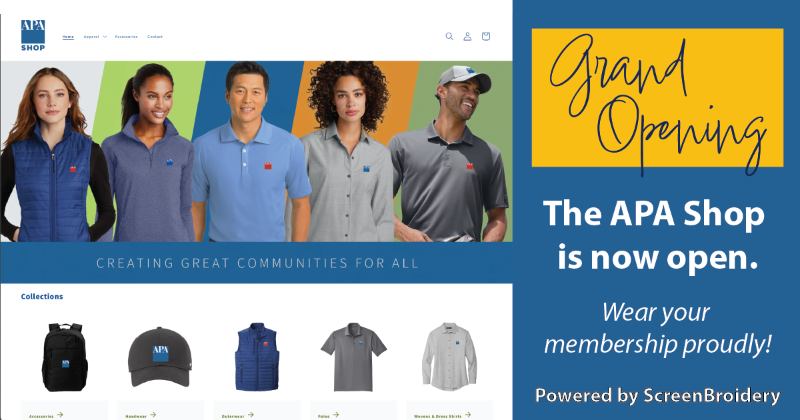 APA_Planning's tweet photo. We are thrilled to share that the APA Shop is now open! 🥳 We are your official provider of APA- and AICP-branded merchandise. From trendy polos to sleek hats, our #APAMerch is designed to reflect the spirit of our members. Happy shopping!