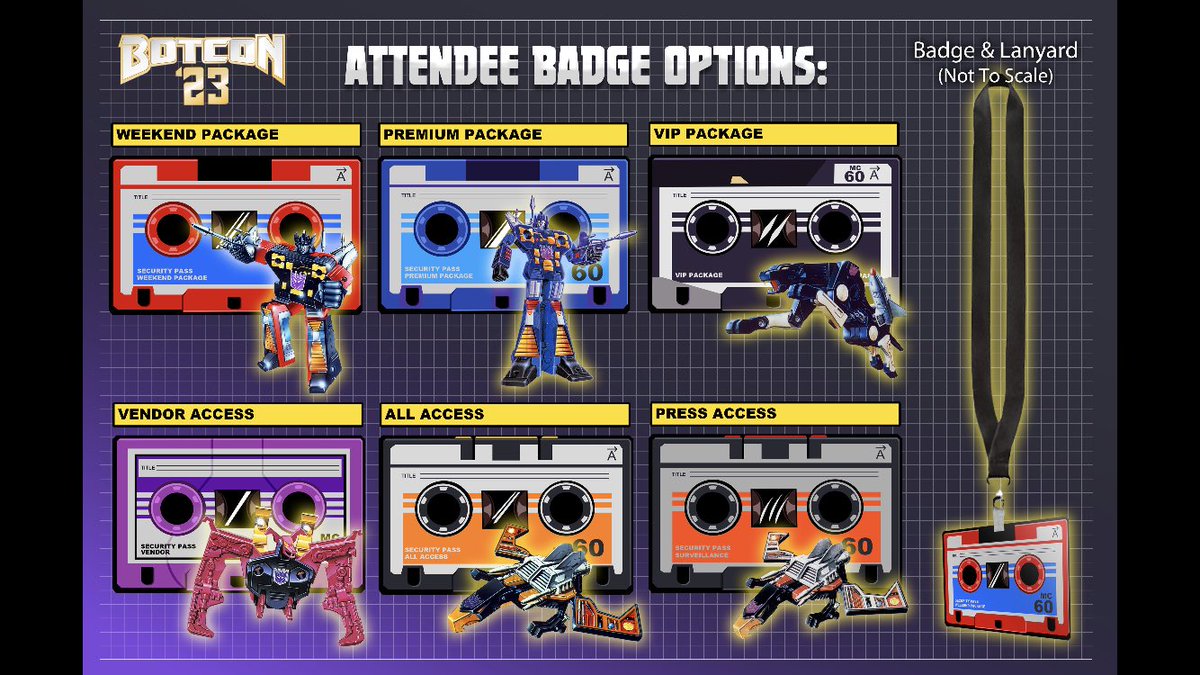 Package pick up is right around the corner! While you're waiting, take a sneak peek at this year's badges! Six packages, six 'cassette tapes'. Which are you getting?

BotCon '23 
American Dream Mall
East Rutherford, NJ
#NYCEvents #NJEvents #convention #botcon23