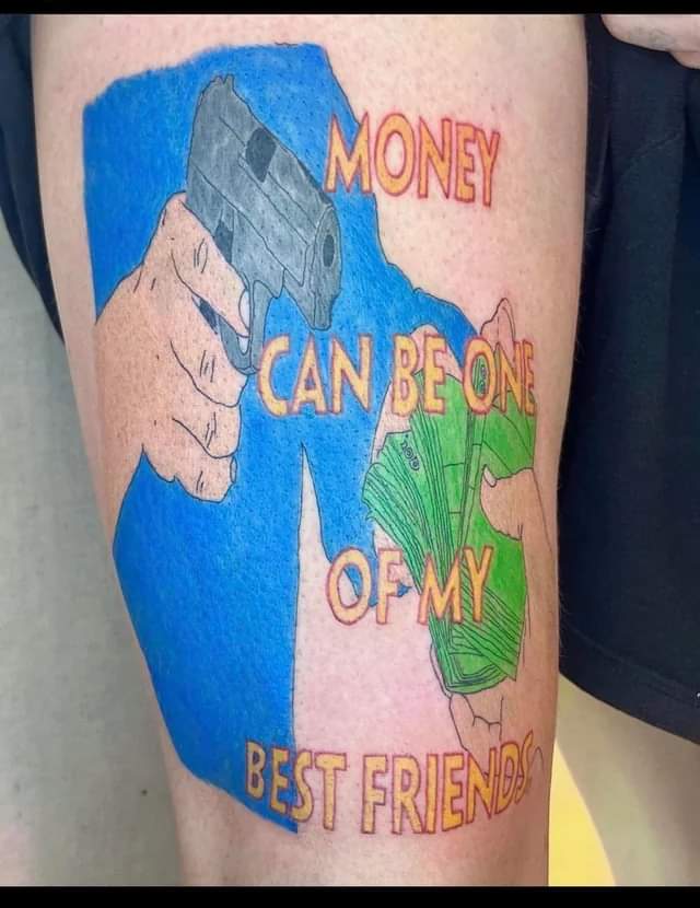 CursedTattoos's tweet photo. Hand it over chump!  #tattoos #ink https://t.co/8ll2Scsk3e