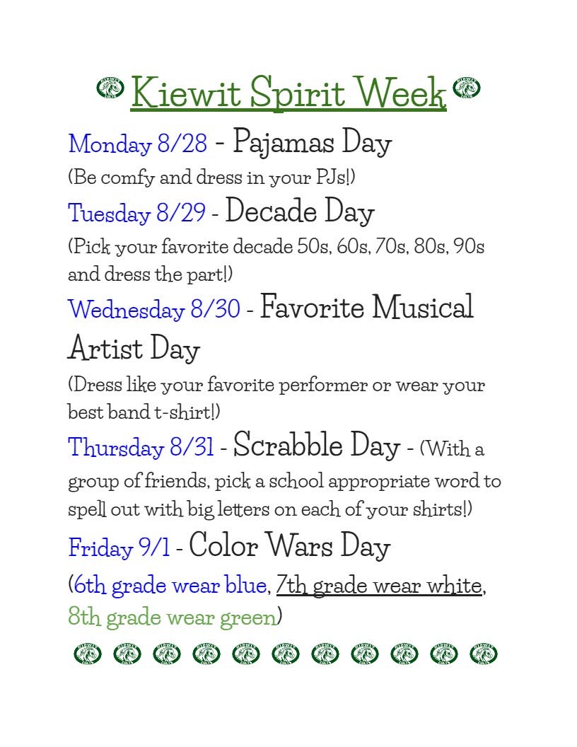 MPS_Kiewit's tweet photo. We will celebrate Spirit Week next week! See the image for the daily themes! Dress up if you want to show your school spirit! #KiewitColts https://t.co/XZM7K4k6rY