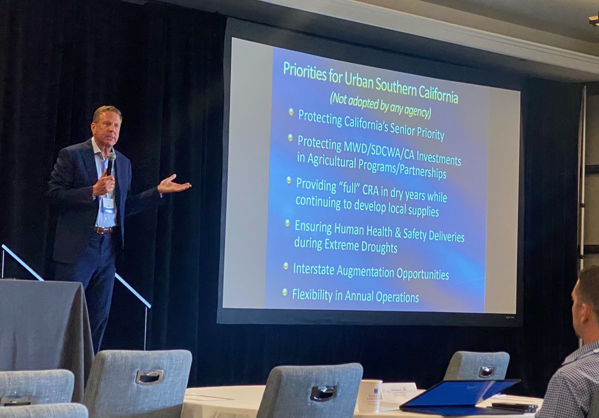 mwdh2o's tweet photo. Metropolitan's Bill Hasencamp discusses California’s priorities for the anticipated #ColoradoRiver Post 2026 Guidelines Negotiations at the @UrbanWaterInc Annual Conference in San Diego. Priorities include protecting CA's senior priority and investments in agricultural programs. https://t.co/fc83mPdNCa