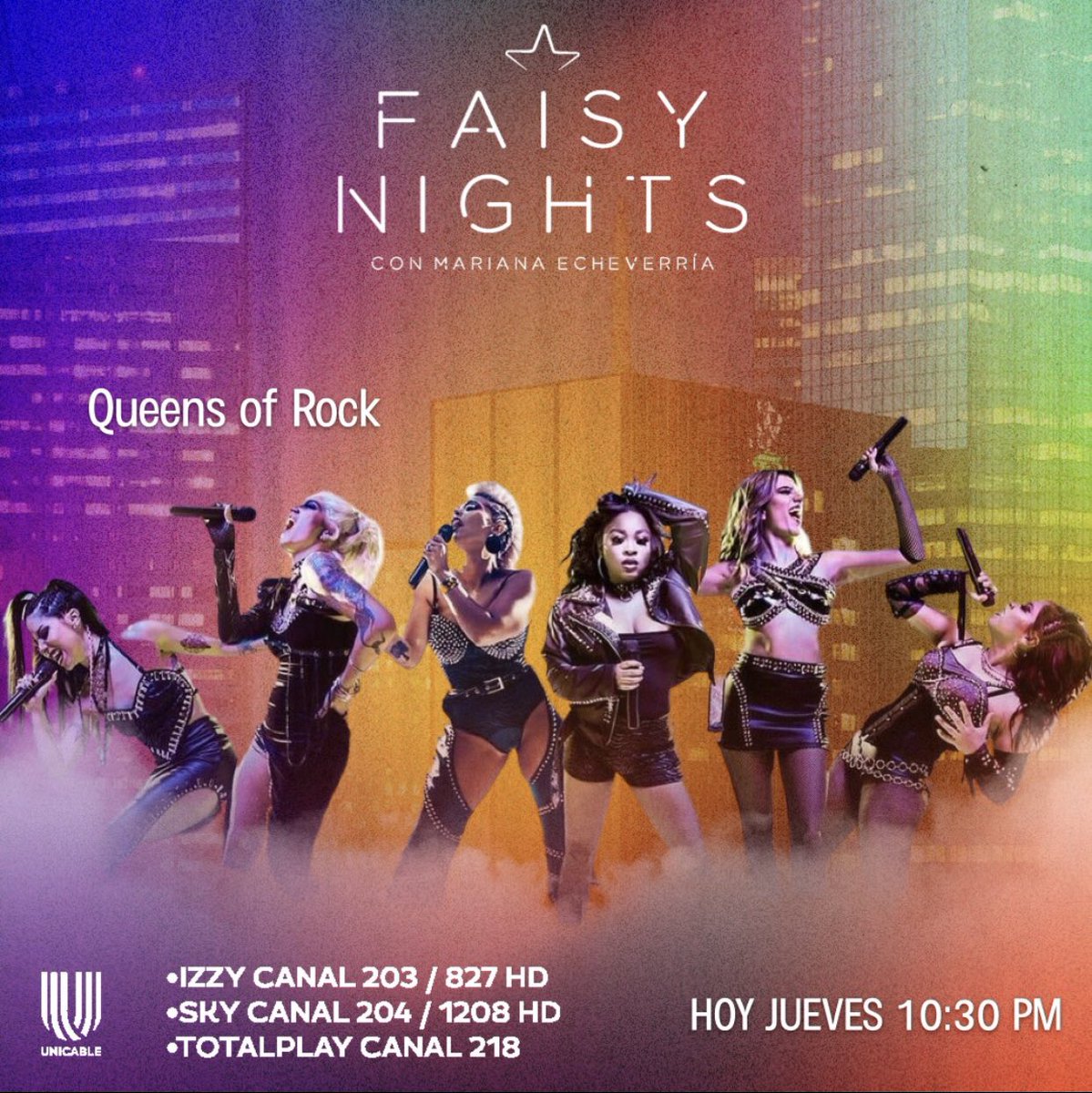 faisynights's tweet photo. Este jueves en #FaisyNights tendremos un programa de otro mundo, con la visita de @jaimemaussan1; además, las estrellas de #QueensOfRock nos deleitarán con su talento. Acompaña a @faisirrito, @marianaecheve, @yuremrojas y #LasBendiciones, hoy a las 10:30 p. m. MEX, por #Unicable https://t.co/rdM8xQxWD9