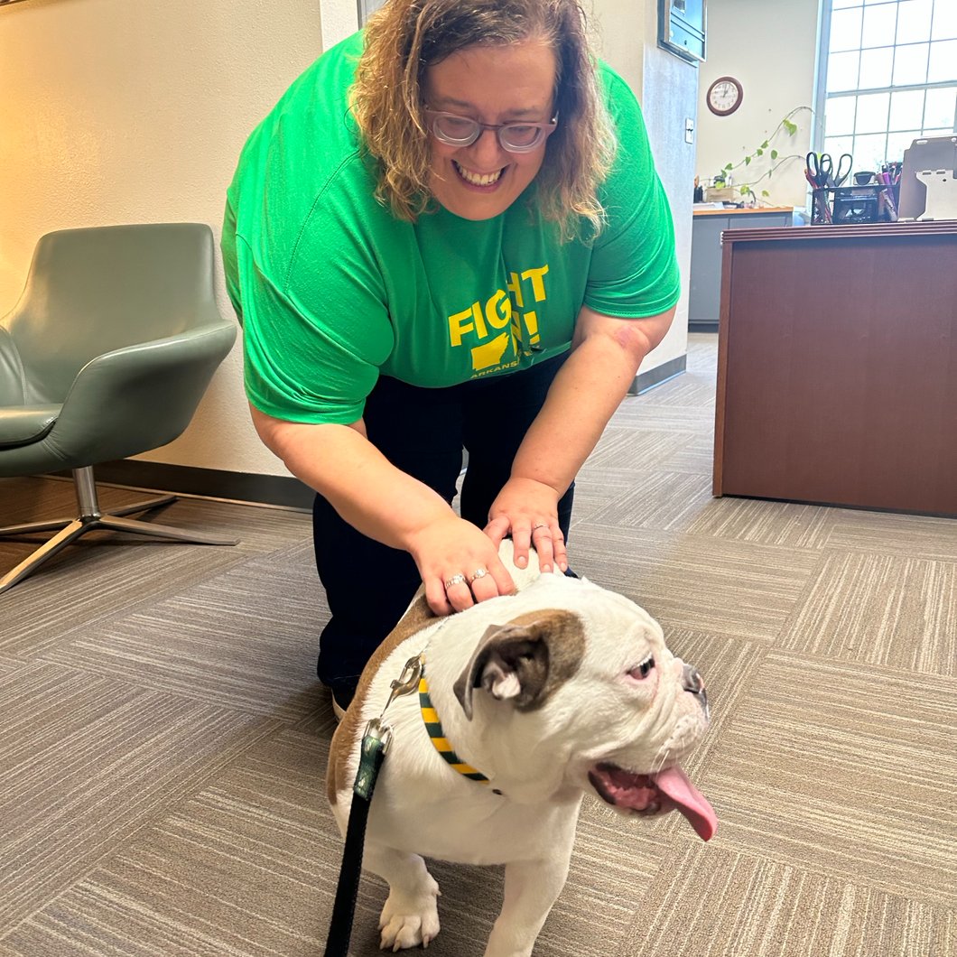 atueducation's tweet photo. .@DrTerriC won a puppy play-date with Jerry III and shared it with the teacher education interns for their second campus visit of the semester. Thanks for stopping by Jerry! You're too cute! #ATU #atueducation https://t.co/8KyQTUUv5S