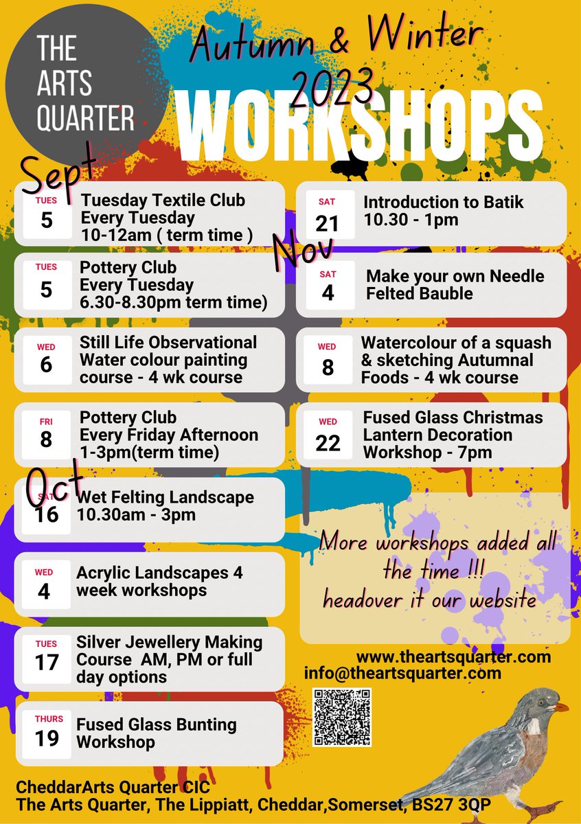 AUTUMN &amp; WINTER WORKSHOPS 
loads more to be added .. some are bookable via our website or directly through Artist .. 
theartsquarter.com

#workshops #creativeworkshops #art #textiles #pottery #print 
#cheddar #cheddargorge