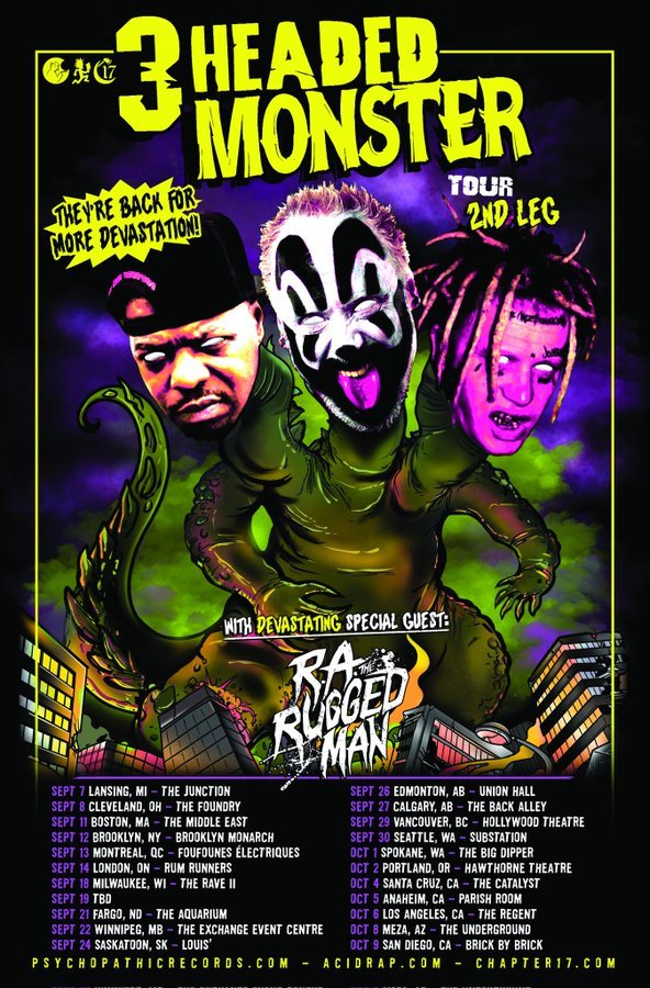 9.7 #Lansing, MI.

#Free Grape <a href="/Faygo/">Faygo Beverages</a> Dogs and more <a href="/JuggaloGrill/">#Juggalogrill</a>  

#ThreeHeadedMonsterTour
ft. Violent J <a href="/icp/">Insane Clown Posse</a>, <a href="/gothominc/">Esham</a>, <a href="/ouijv/">“AMERICA’S MOST WICKED” OUT NOW!!</a> 
wsg. <a href="/RAtheRuggedMan/">R.A. the Rugged Man</a>