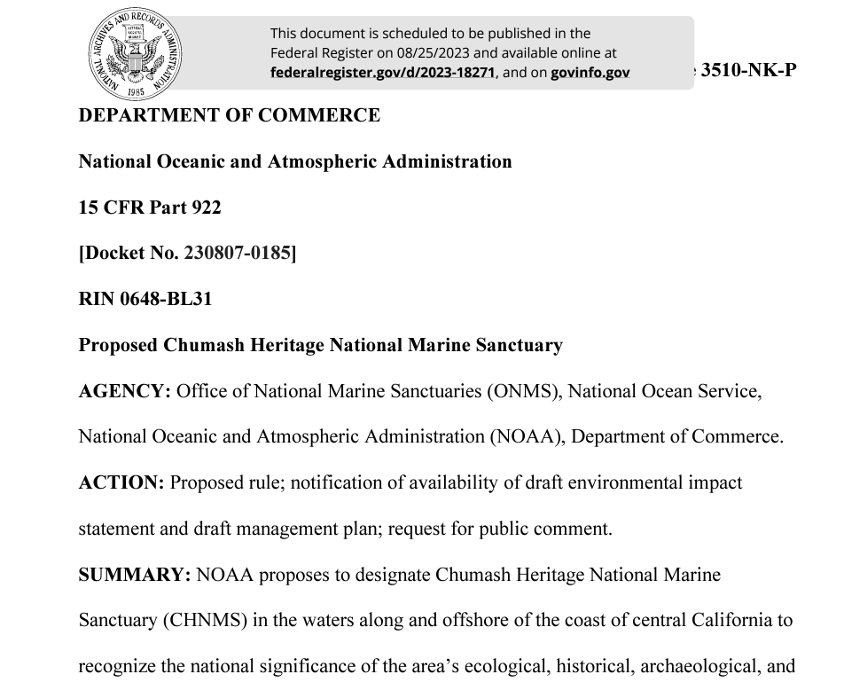 StateImpactCntr's tweet photo. 🌊@NOAA seeks comment on the proposed Chumash Heritage National Marine Sanctuary designation to California coastal waters, draft environmental impact statement, & management plan. Comments due 10/25 once published 8/25. #StateImpactAlert
https://t.co/jy6srBDUun https://t.co/qzdOK8FzY0