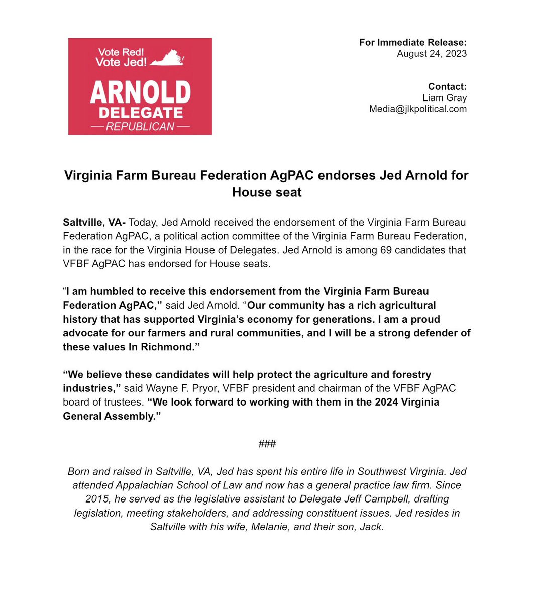 It is an honor to receive the endorsement of the Virginia Farm Bureau Federation AgPAC. I am proud of our Commonwealth’s agricultural heritage, and I will always stand up for our farmers and rural communities!

Read more below ⬇️