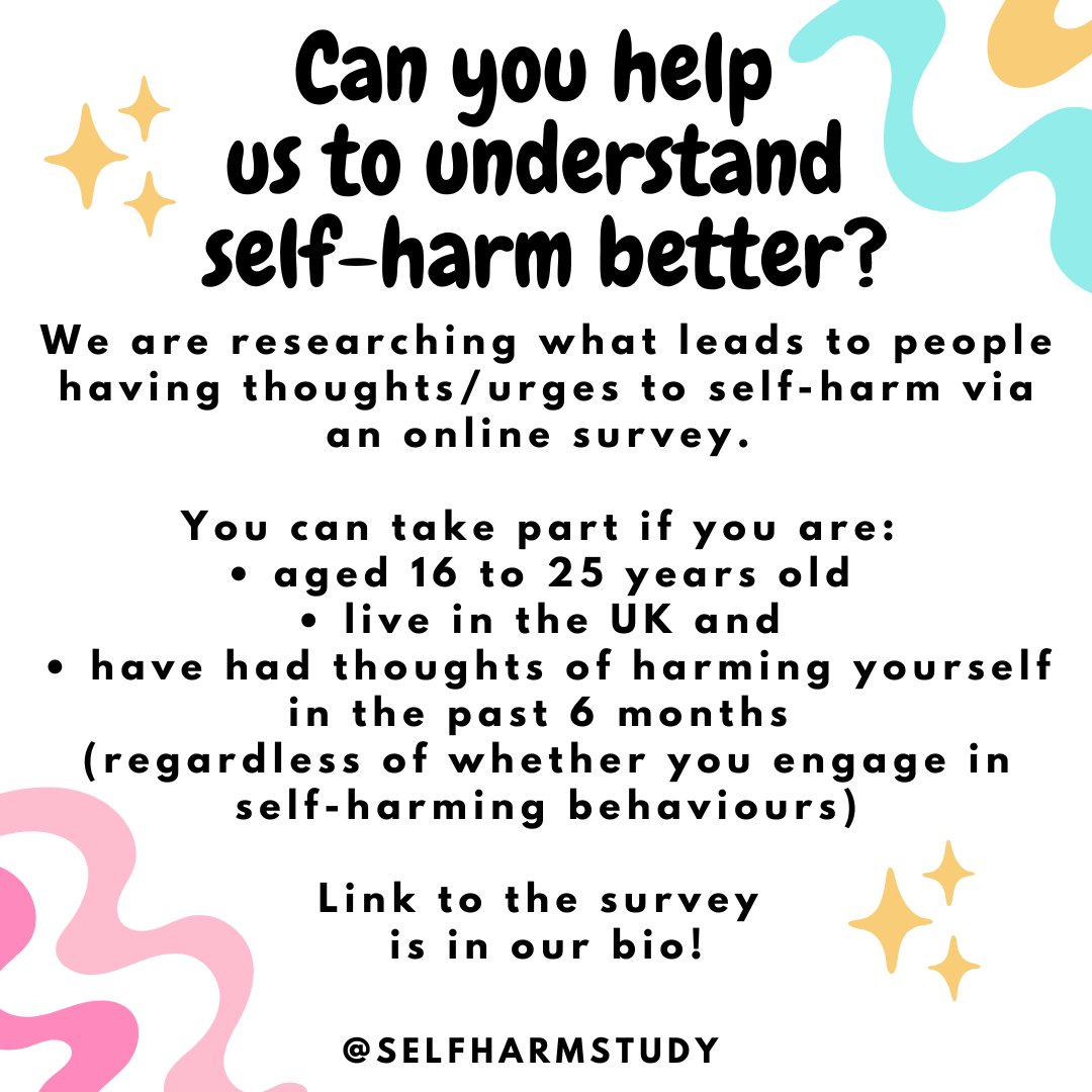 SelfHarmStudy's tweet photo. We are researching what leads to experiencing urges of self-harm. If you are 16-25, experience thoughts of self-harm and live in the UK, then you can help!

Read more and take part here: 🔗https://t.co/G4BazPXFOF 

#mentalhealth #shtwt #psychology #selfharm #selfharmrecovery https://t.co/wg6p4jCtSs