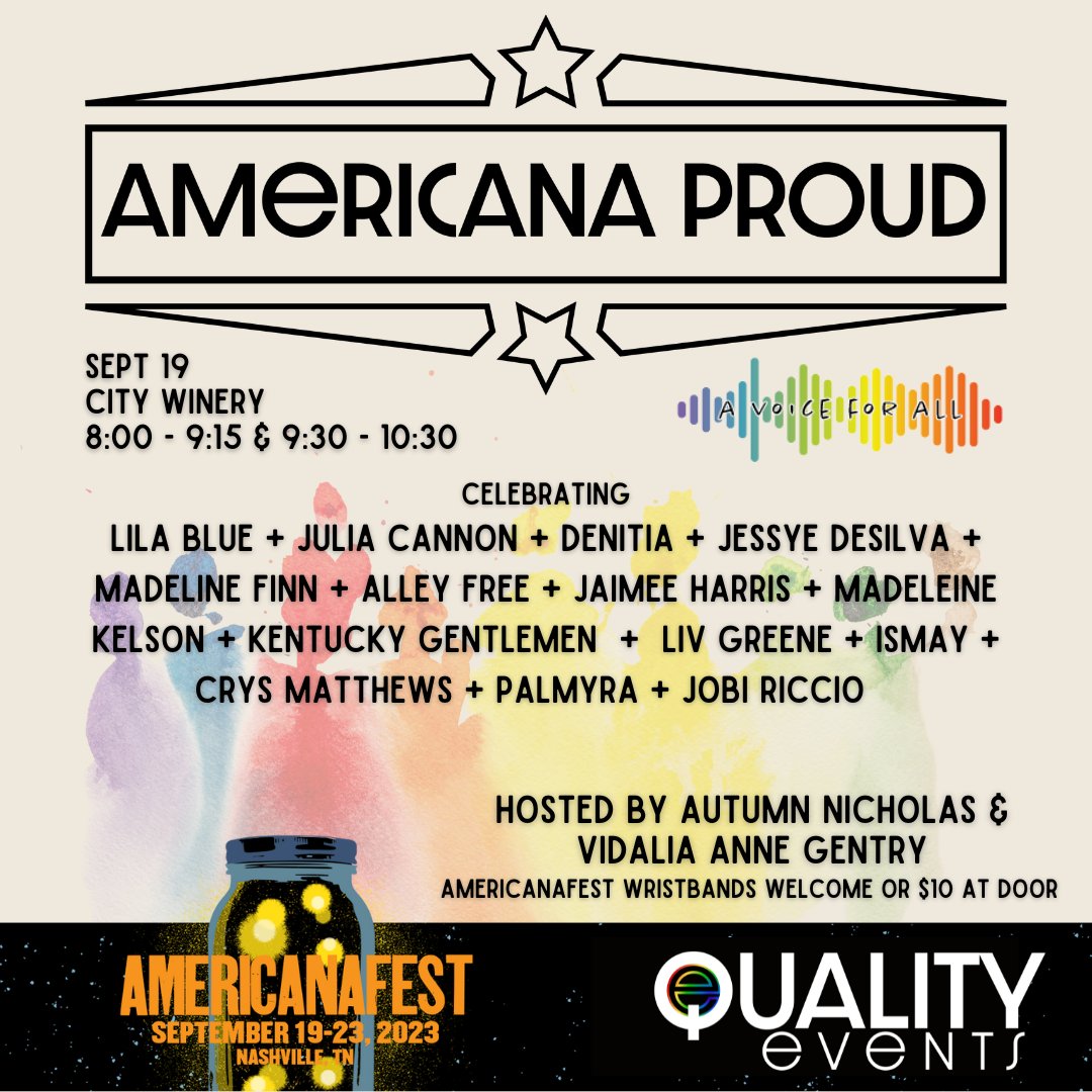 Come join us in celebrating the voices of the LGBTQIA+ community at 'Americana Proud' on Tuesday, September 19th at @CityWineryNSH, as part of @AmericanaFest 2023.