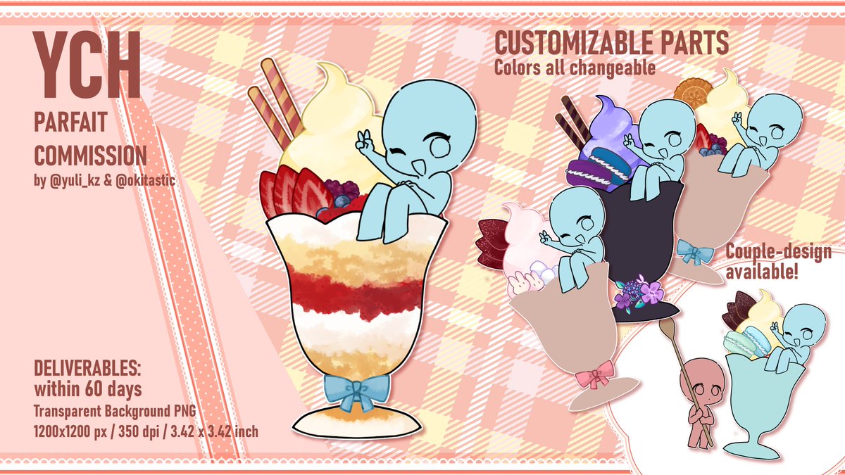 yuli_kz's tweet image. [RT💕]

Hello!! 
Super excited to announce a new commission opening: a YCH collab with @okitastic !

A YCH Parfait that is fully personalizable!!

Details: drive.google.com/file/d/1nMBKvc…

If interested please head towards my Ko-Fi: ko-fi.com/yulinatic/comm…

15 slots only! Thank you🙏