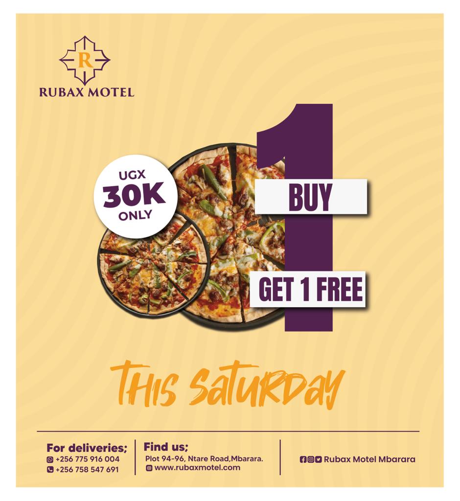 RubaxMotel's tweet photo. Indulge in a pizza extravaganza this Saturday at Rubax Motel! 🍕🎉 Buy one delicious pizza at just 30k and savor the second one absolutely FREE! 🤩 Don't miss out on this mouthwatering deal! #RubaxPizzaPromo #WeekendTreats https://t.co/v00RZIGbjy