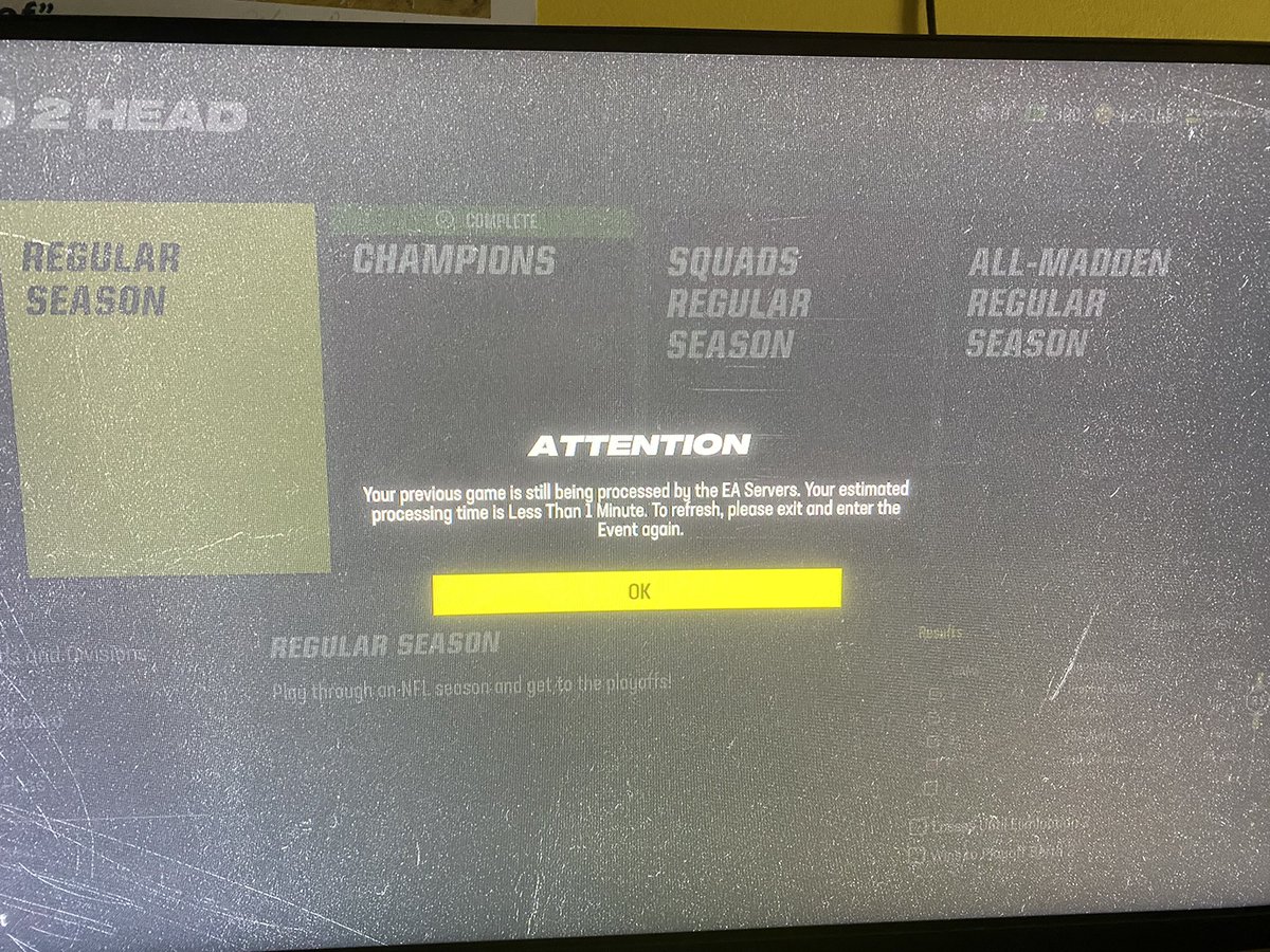 MUT_Community22's tweet photo. @MaddenNFLDirect yeah you fixed the servers, but i’m stuck on this screen i can’t play H2H. every time i go to play it, it says this. https://t.co/mbqfcWUEvj
