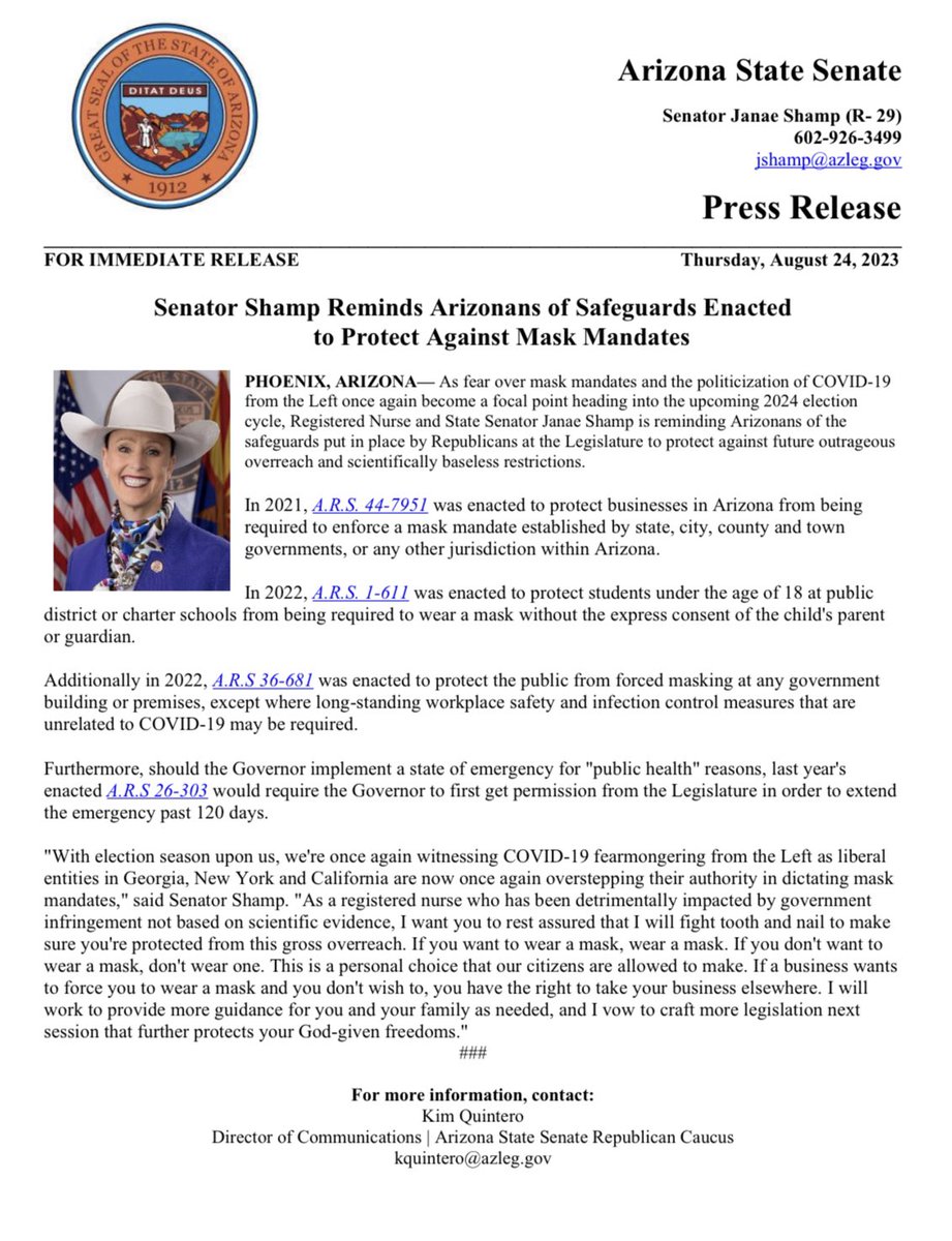 AZSenateRepublicans (@azsenategop) on Twitter photo FOR IMMEDIATE RELEASE: <a href="/AZSenatorShamp/">AZ Senator Formerly Known as Majority Leader</a> Reminds Arizonans of Safeguards Enacted to Protect Against Mask Mandates ⬇️ FOR IMMEDIATE RELEASE: <a href="/AZSenatorShamp/">AZ Senator Formerly Known as Majority Leader</a> Reminds Arizonans of Safeguards Enacted to Protect Against Mask Mandates ⬇️