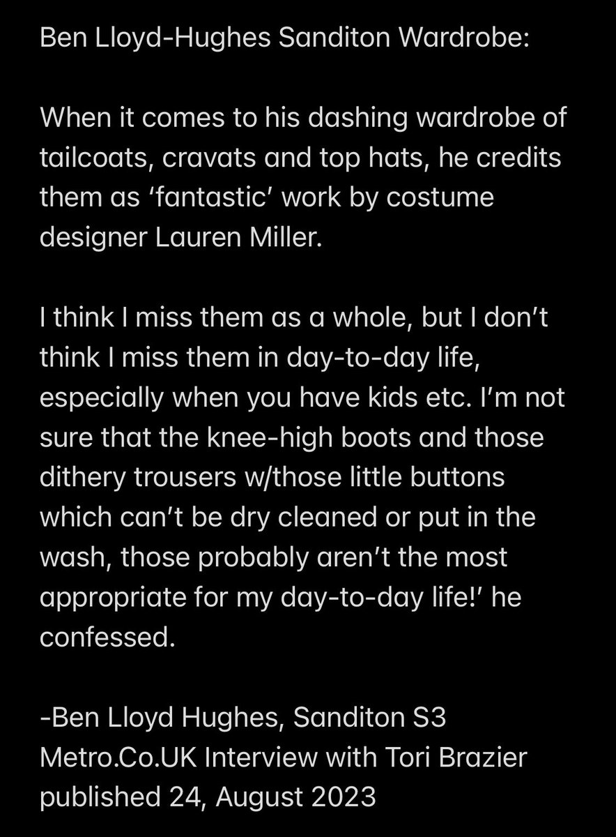 SelflessLuvWins's tweet photo. Great interview with lots of quotes by our favorite #BenLloydHughes including what he thinks of his dashing #Sanditon wardrobe
✨💙🎩💙✨
#SanditonInterview #SanditonS3 #BLH #Benthusiasts #SanditonCostumes https://t.co/XPXxb8fani