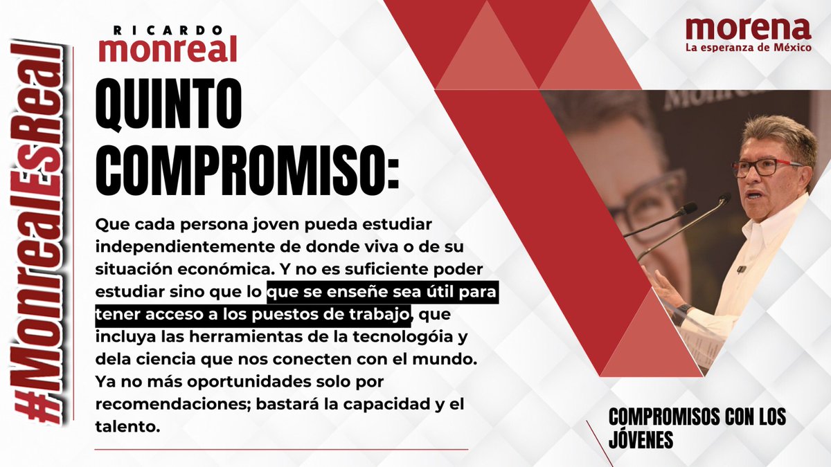 ReconciliaNL's tweet photo. "Quinto Compromiso: Que cada persona joven pueda estudiar independientemente de donde viva o de su situación económica". @RicardoMonrealA
#MonrealEsReal #MonrealEsmorena #unaoportunidadreal #continuidadreal #monrealesmorena #UnaOportunidadReal #monrealesreal #yoconmonreal https://t.co/qMt7wdyLNT