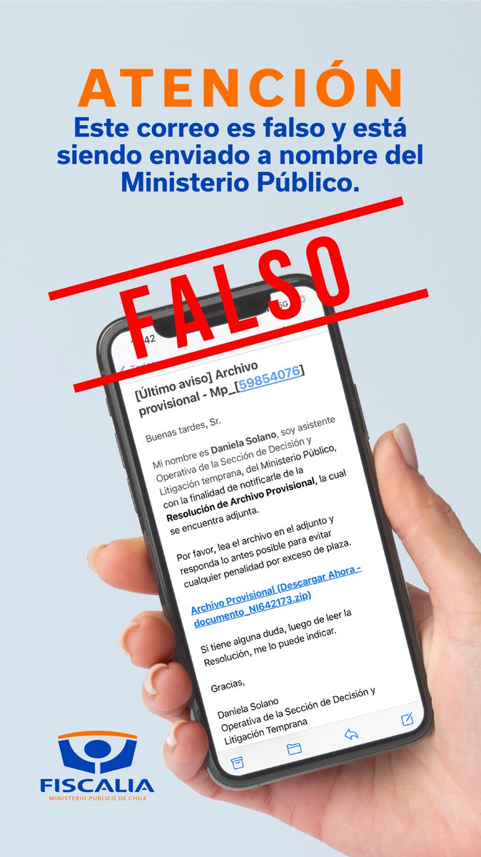 FiscaliadeChile's tweet photo. 🚨 Advertimos circulación de correo falso en donde se ocupa el nombre del Ministerio Público. https://t.co/dc9Jk5AS45
